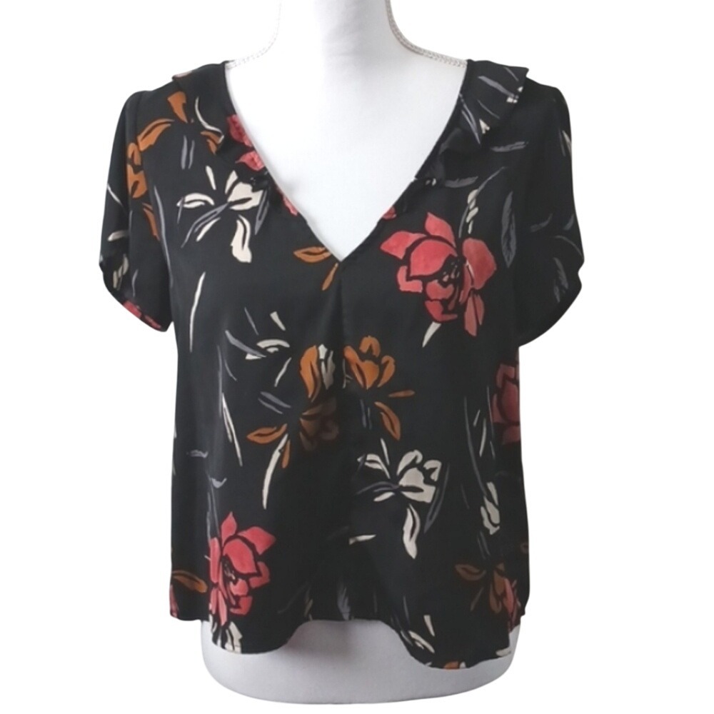 Saltwater LUXE Floral Print Blouse Top Black Multi Short Sleeve V-Neck Top‎ M